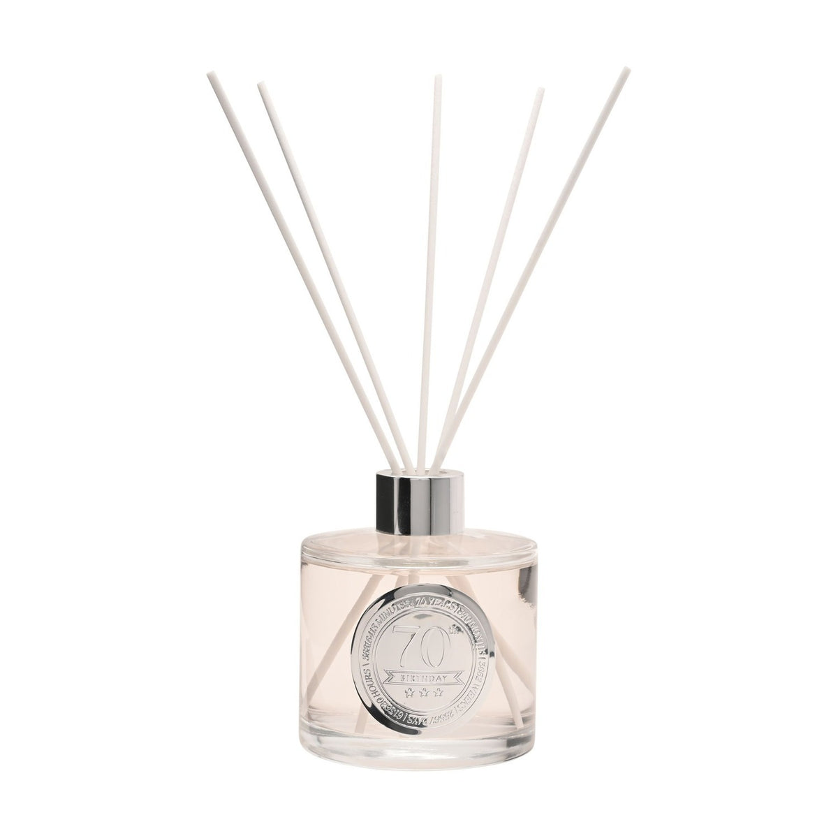 70th Birthday Sandalwood Reed Diffuser 200ml in a clear glass bottle with silver cap, round silver "70th Birthday" medallion label, and white reeds, on a plain white background.