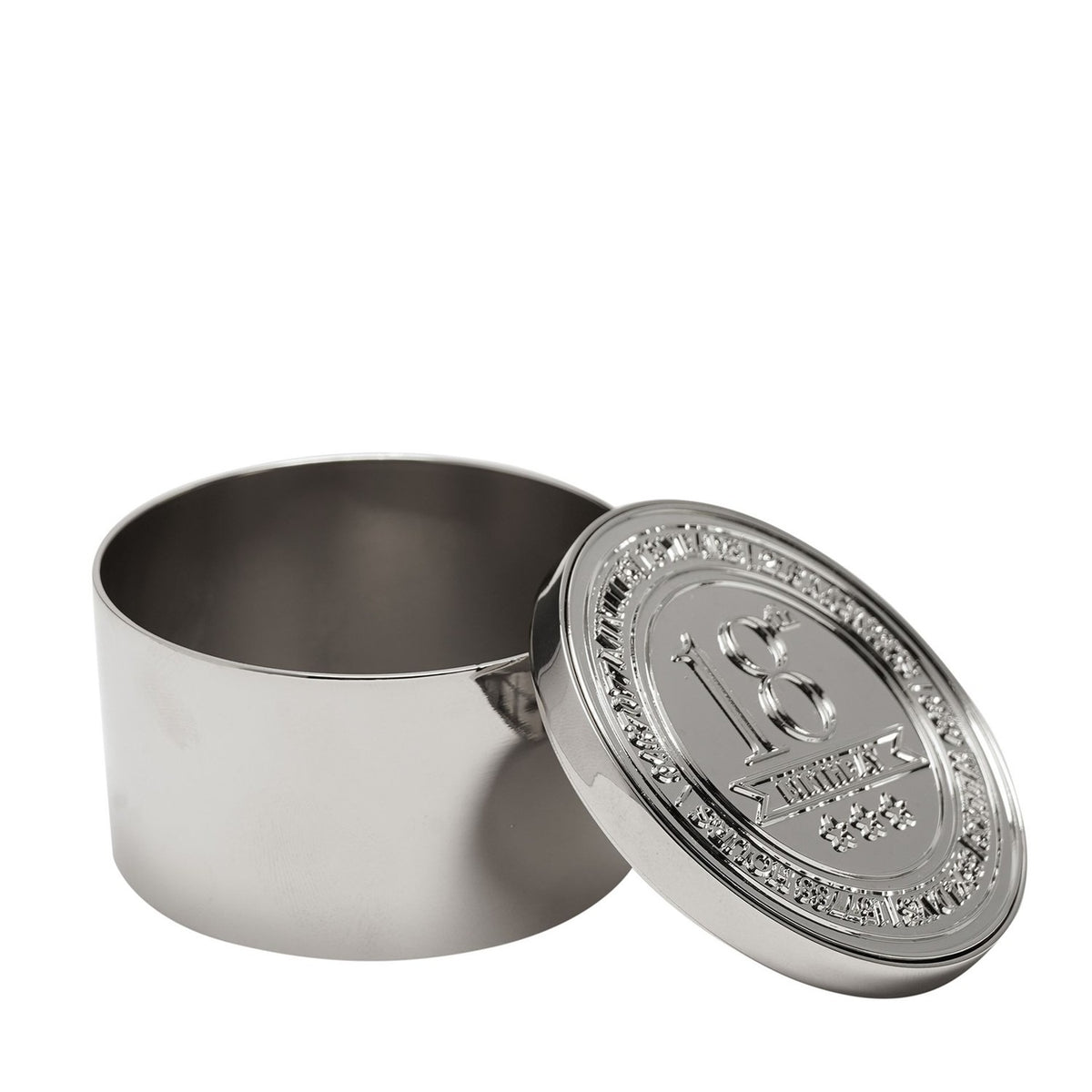 Round polished silver metal trinket box with lid resting open beside it, the lid embossed with "18th Birthday" lettering, stars, and a decorative border, shown on a plain white background.