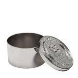 Round polished silver metal trinket box with lid resting open beside it, the lid embossed with "18th Birthday" lettering, stars, and a decorative border, shown on a plain white background.