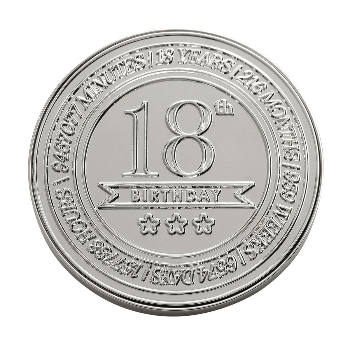 Round silver metal 18th Birthday trinket box lid, embossed "18th BIRTHDAY" with stars and time-unit text around the edge, on a white background.