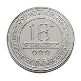 Round silver metal 18th Birthday trinket box lid, embossed "18th BIRTHDAY" with stars and time-unit text around the edge, on a white background.