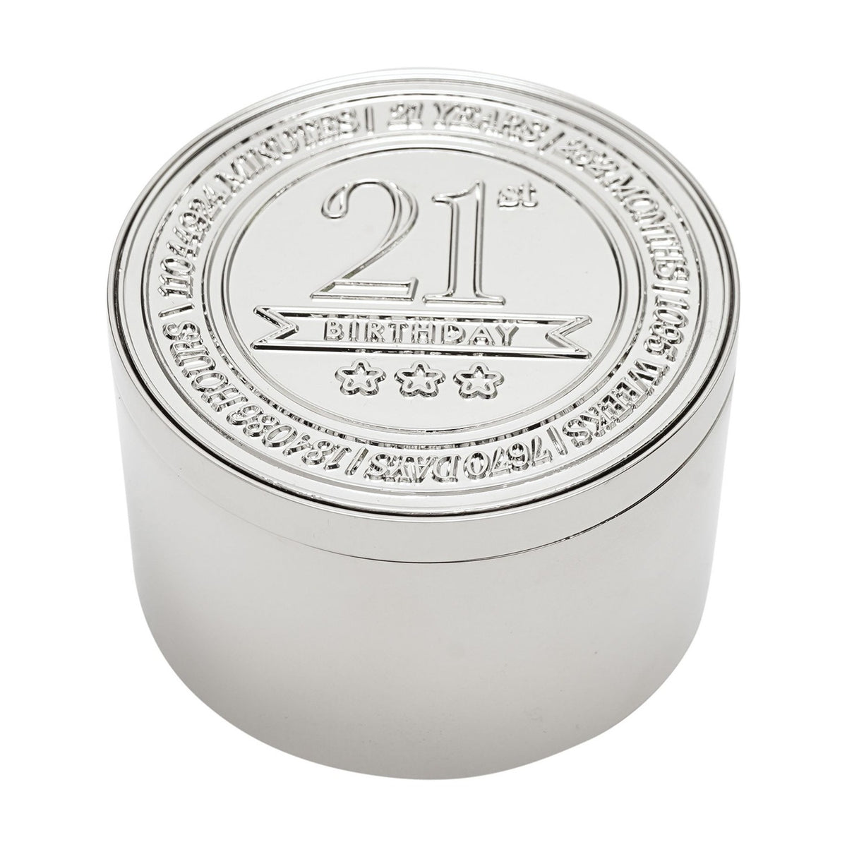 Round silver metal trinket box with embossed lid reading "21st Birthday" above three stars, bordered by engraved time units, shown on a white background.