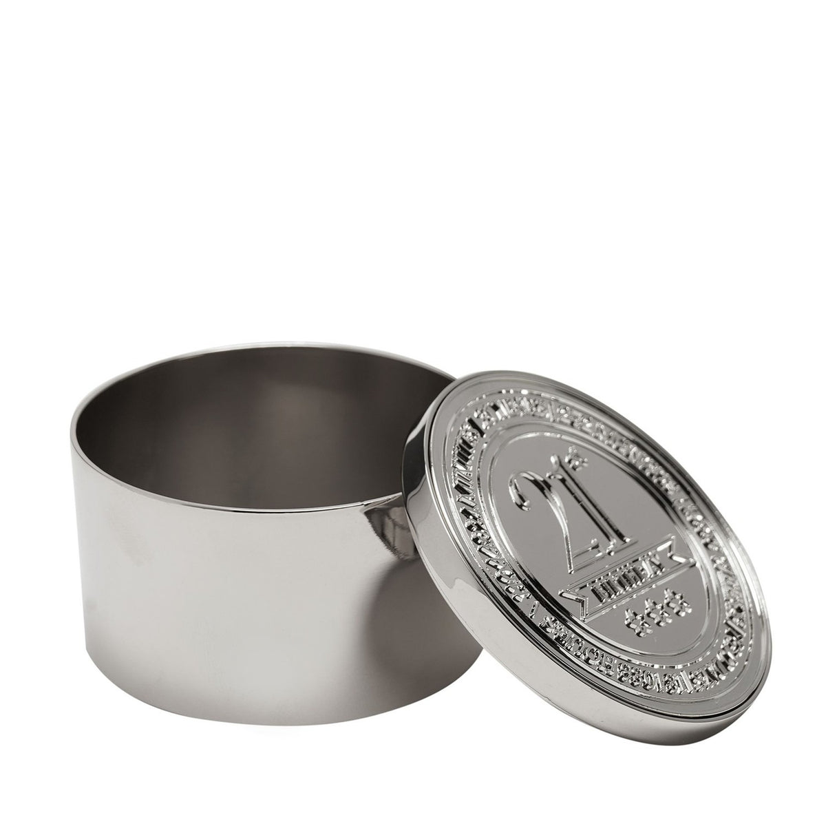 Round silver metal trinket box with lid resting open beside it, the lid embossed with "21st Birthday" and a decorative bordered edge, shown on a plain white background.
