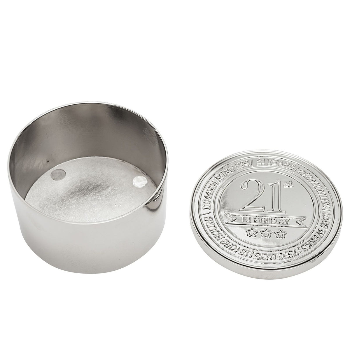 Round silver metal trinket box, shown open with lid beside it, embossed with "21st Birthday" and stars at centre and a year-to-minute border text, on a white background.