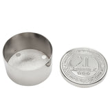 Round silver metal trinket box, shown open with lid beside it, embossed with "21st Birthday" and stars at centre and a year-to-minute border text, on a white background.