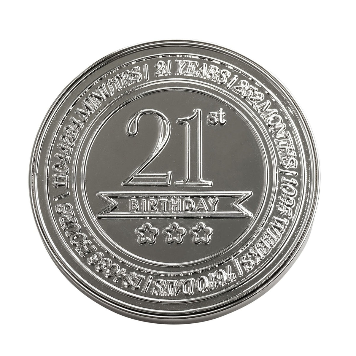 Round embossed silver metal trinket box lid for a 21st birthday, with "21st Birthday" banner, three stars, and a time-count border, on a white background.