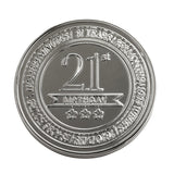Round embossed silver metal trinket box lid for a 21st birthday, with "21st Birthday" banner, three stars, and a time-count border, on a white background.