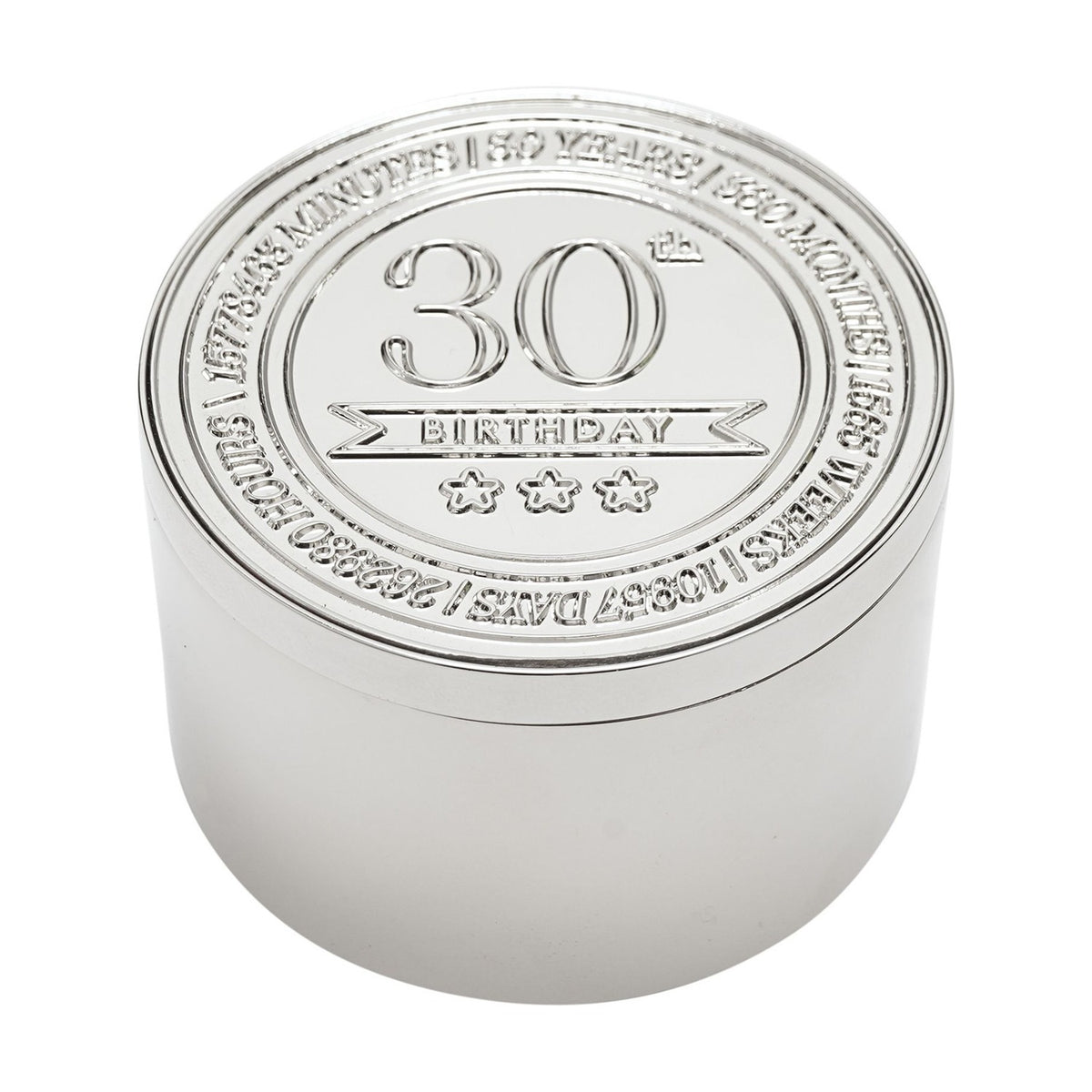 30th Birthday Embossed Round Metal Trinket Box - Silver