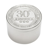30th Birthday Embossed Round Metal Trinket Box - Silver