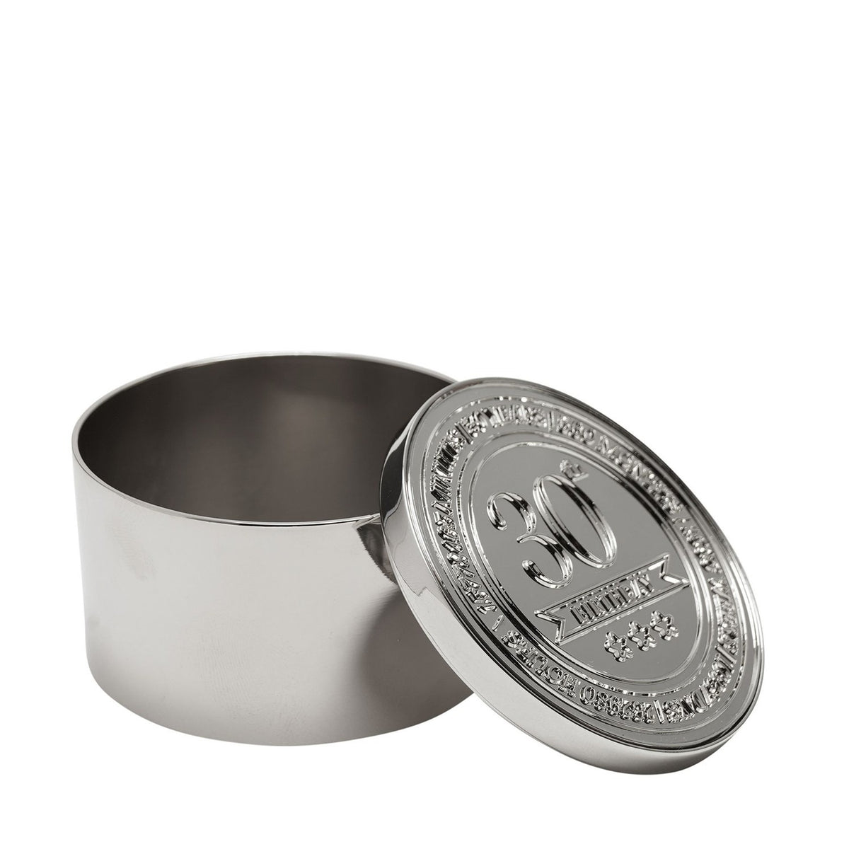 30th Birthday Embossed Round Metal Trinket Box - Silver