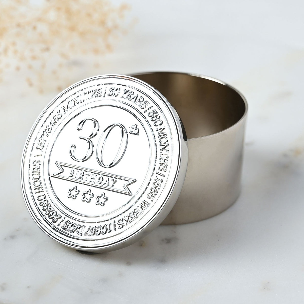 30th Birthday Embossed Round Metal Trinket Box - Silver