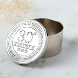 30th Birthday Embossed Round Metal Trinket Box - Silver