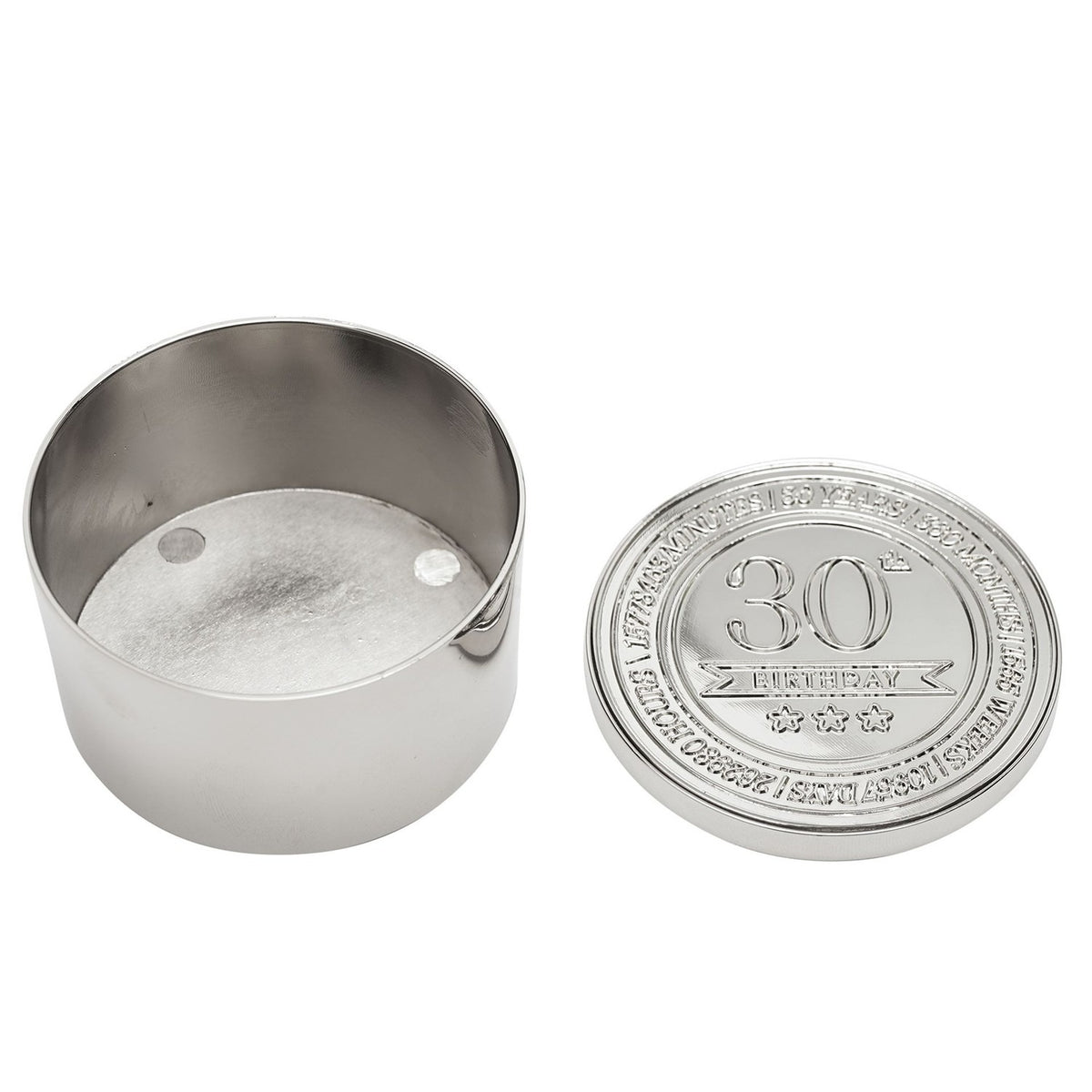 30th Birthday Embossed Round Metal Trinket Box - Silver