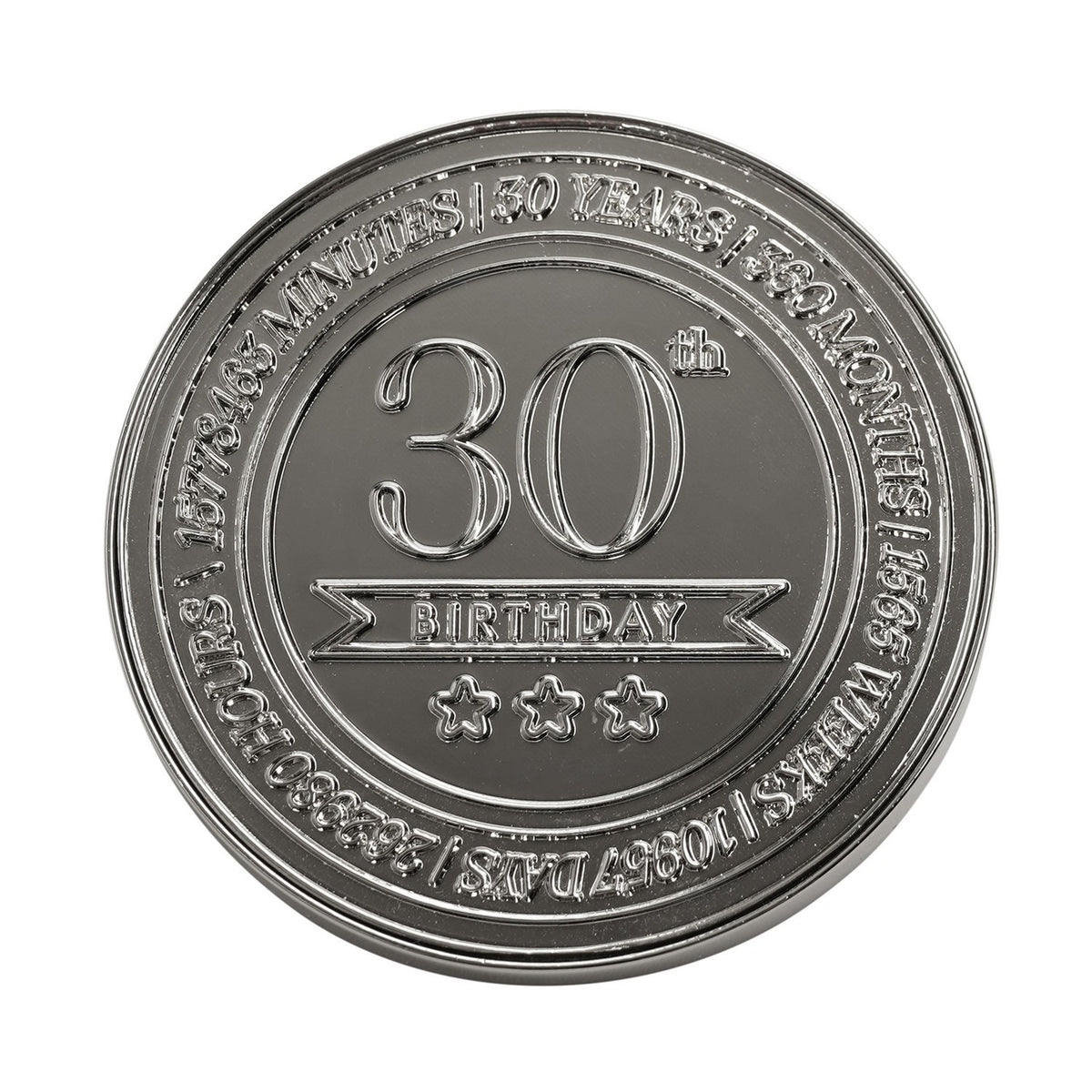 30th Birthday Embossed Round Metal Trinket Box - Silver