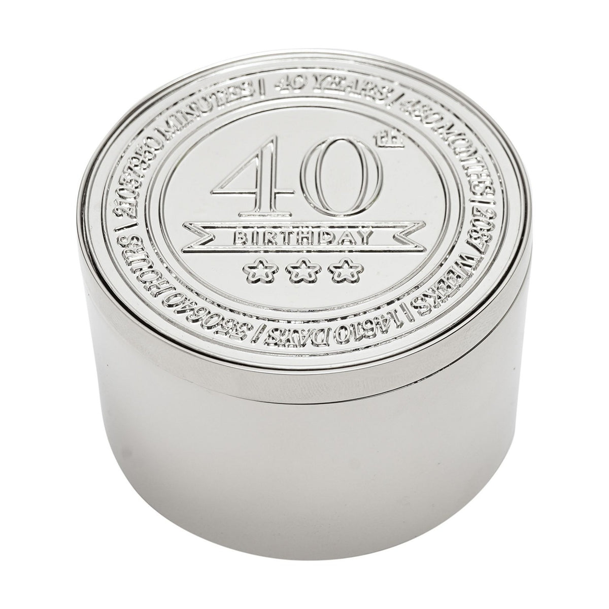 40th Birthday Round Metal Trinket Box with Lid - Silver
