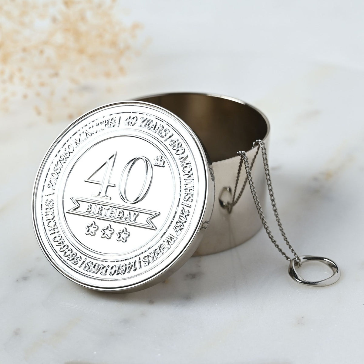 40th Birthday Round Metal Trinket Box with Lid - Silver