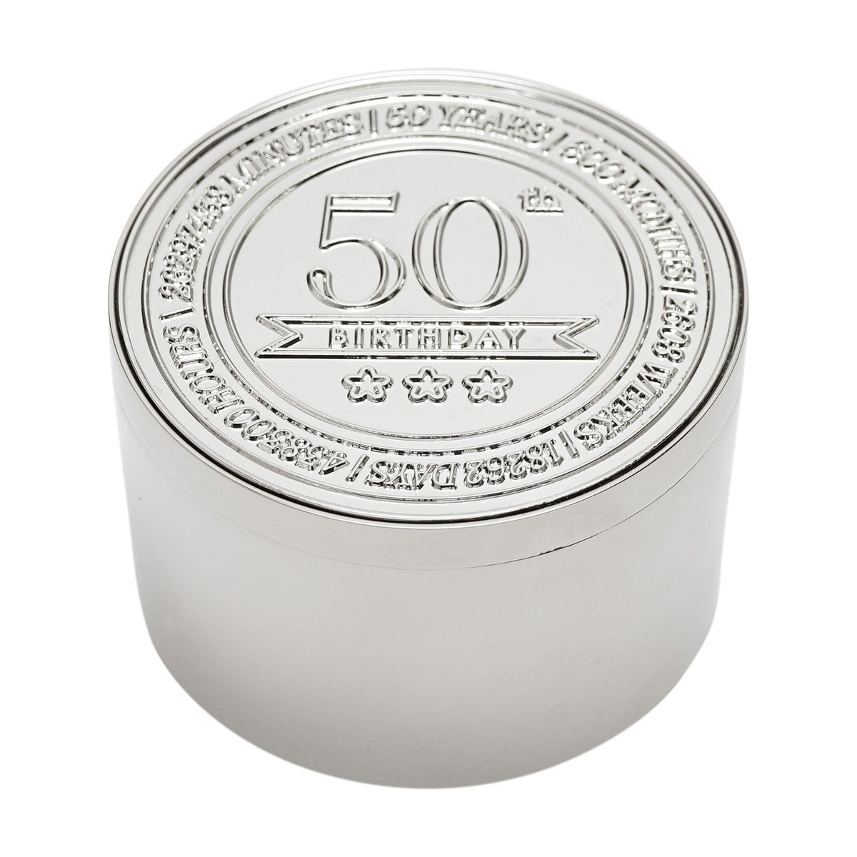 Round silver-coloured metal trinket box with embossed lid reading "50th Birthday" and three stars, encircled by time-unit text marking 50 years, on a plain white background.