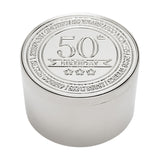Round silver-coloured metal trinket box with embossed lid reading "50th Birthday" and three stars, encircled by time-unit text marking 50 years, on a plain white background.