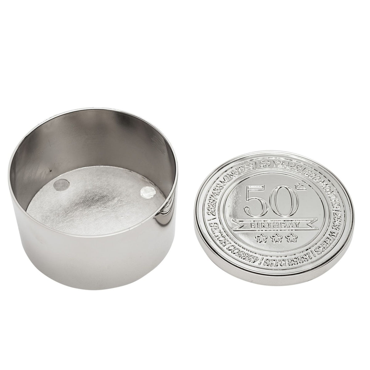 Round silver-coloured metal trinket box with embossed lid reading "50th Birthday" and time-themed text, shown open beside its lid on a white background.