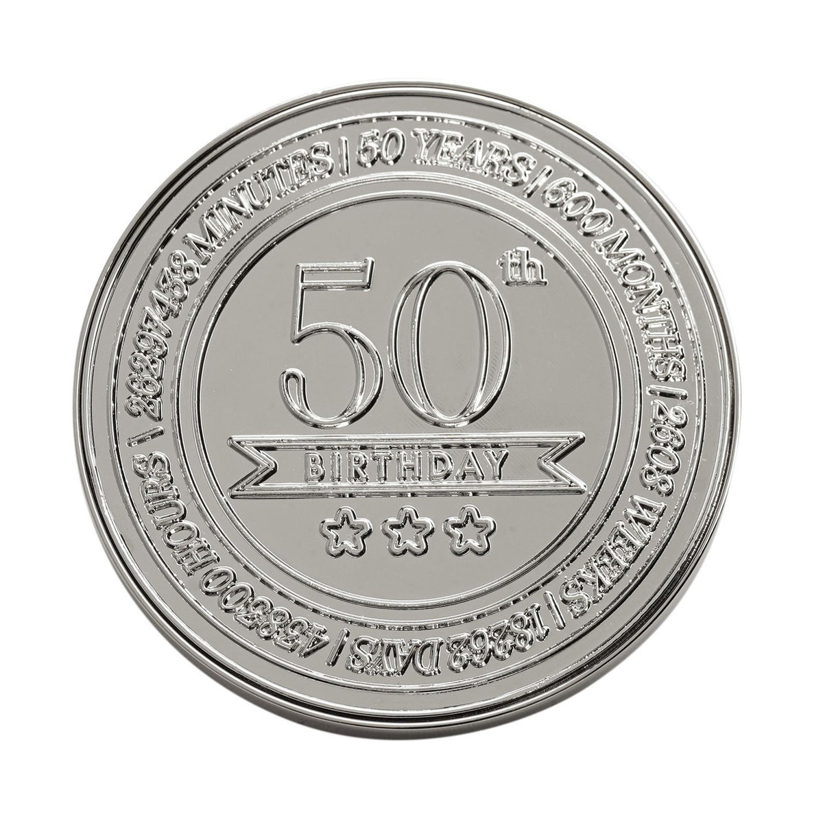 Round silver-coloured metal trinket box lid embossed with "50th BIRTHDAY" banner, three stars, and encircling text counting 50 years in months, weeks, days, hours and minutes, on a white background.