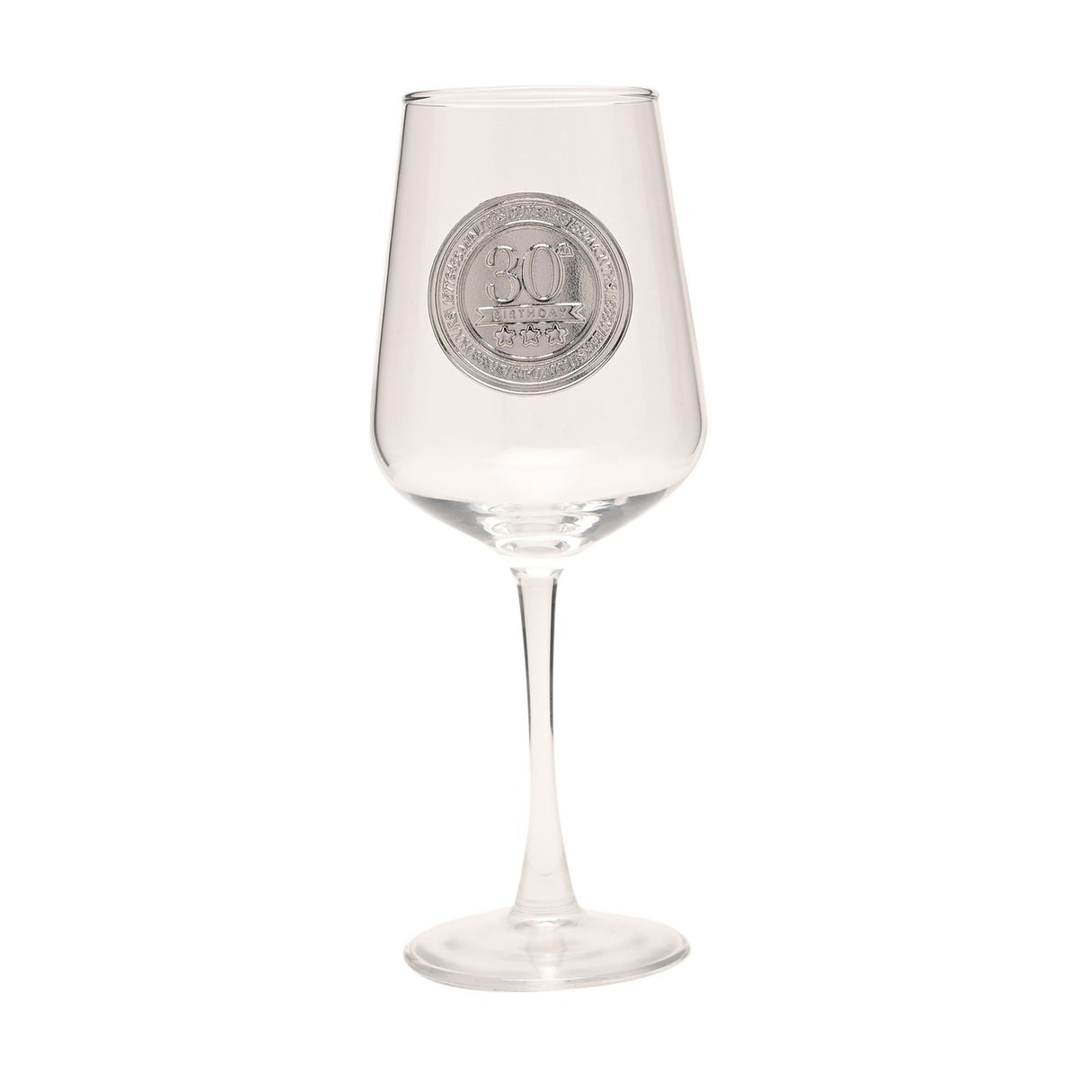 30 Birthday Round Badged Stemmed Wine Glass - Clear & Silver