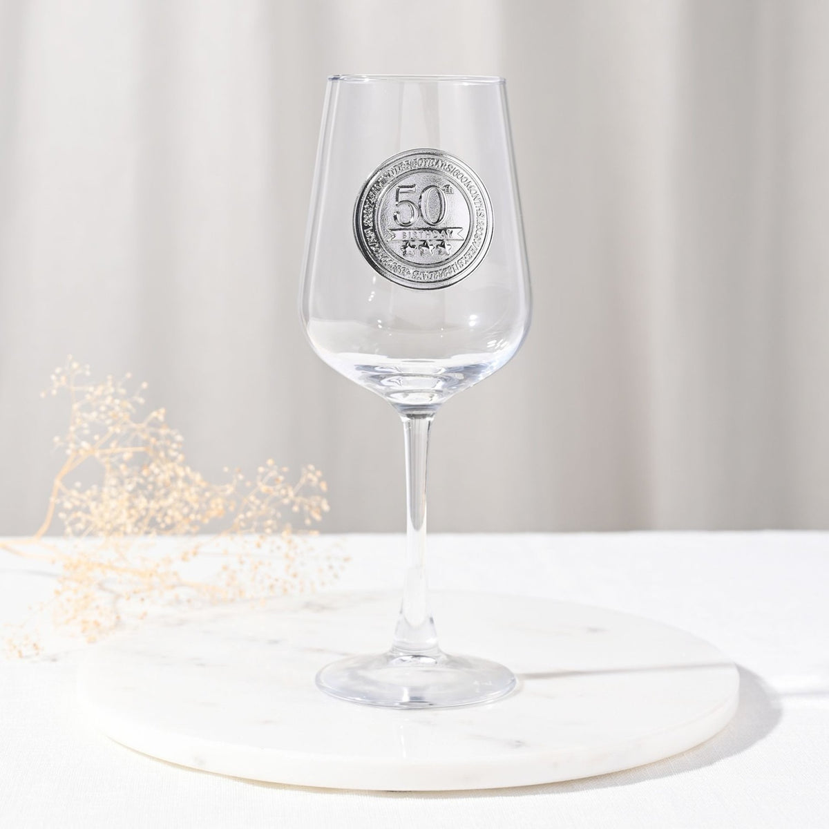 50th Birthday Badged Stemmed Wine Glass - Clear & Silver