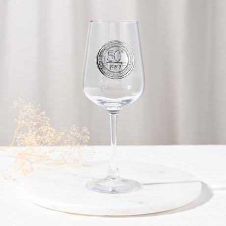 50th Birthday Badged Stemmed Wine Glass - Clear & Silver