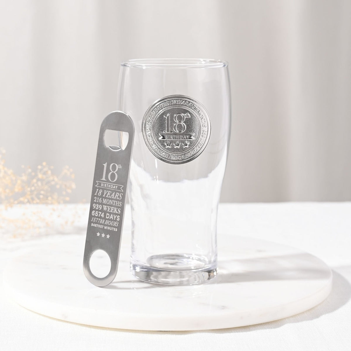 18th Birthday Pint Beer Glass with Bottle Opener - Clear & Silver
