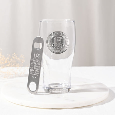 18th Birthday Pint Beer Glass with Bottle Opener - Clear & Silver