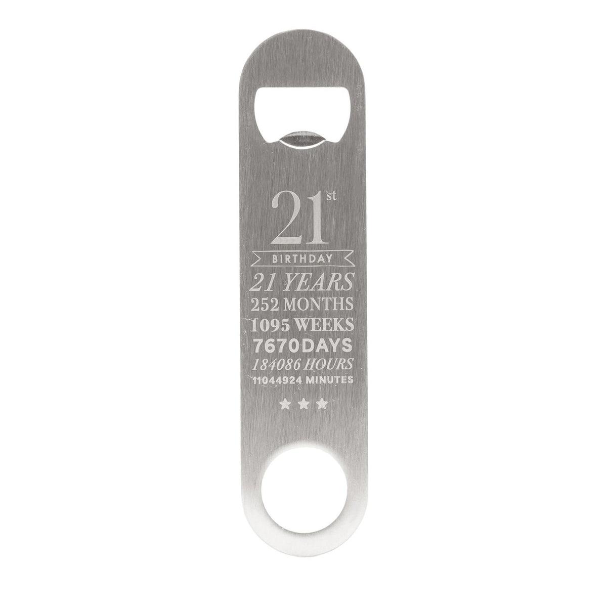 Stainless steel bar-style bottle opener engraved with "21st Birthday" milestone stats in years, months, weeks, days, hours and minutes, with three stars, on a plain white background.