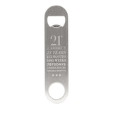 Stainless steel bar-style bottle opener engraved with "21st Birthday" milestone stats in years, months, weeks, days, hours and minutes, with three stars, on a plain white background.