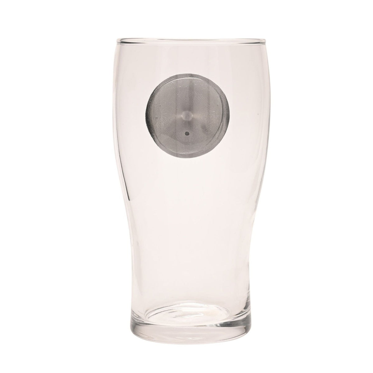 Clear glass pint beer glass with a curved shape and raised silver circular badge on the front, shown on a plain white background.