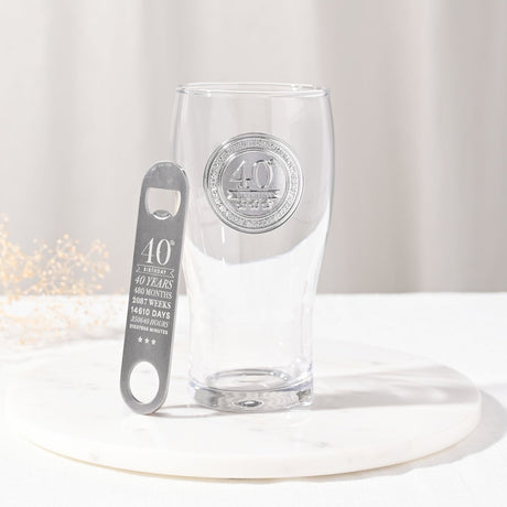40th Birthday Pint Beer Glass with Bottle Opener - Clear & Silver