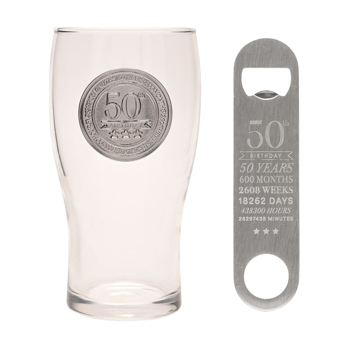 Clear pint beer glass with a raised silver "50th Birthday" medallion and three stars, paired with a matching brushed silver flat bottle opener, on a white background.