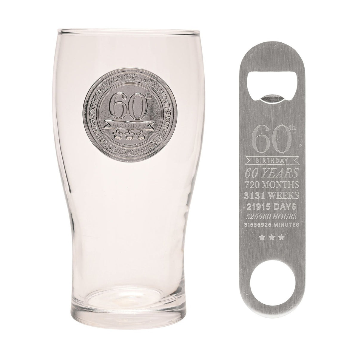 60th Birthday Bottle Opener & Pint Beer Glass - Clear & Silver