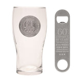 60th Birthday Bottle Opener & Pint Beer Glass - Clear & Silver