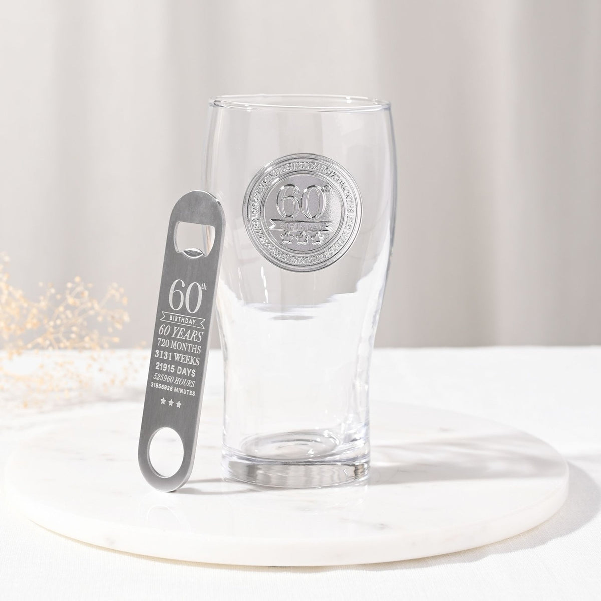 60th Birthday Bottle Opener & Pint Beer Glass - Clear & Silver