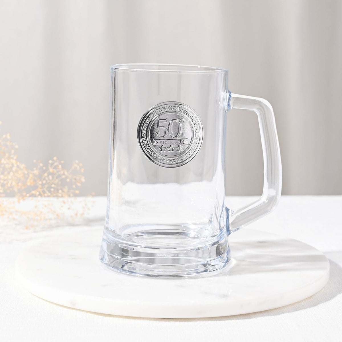 50th Birthday Badged Tankard Beer Glass 650ml - Clear