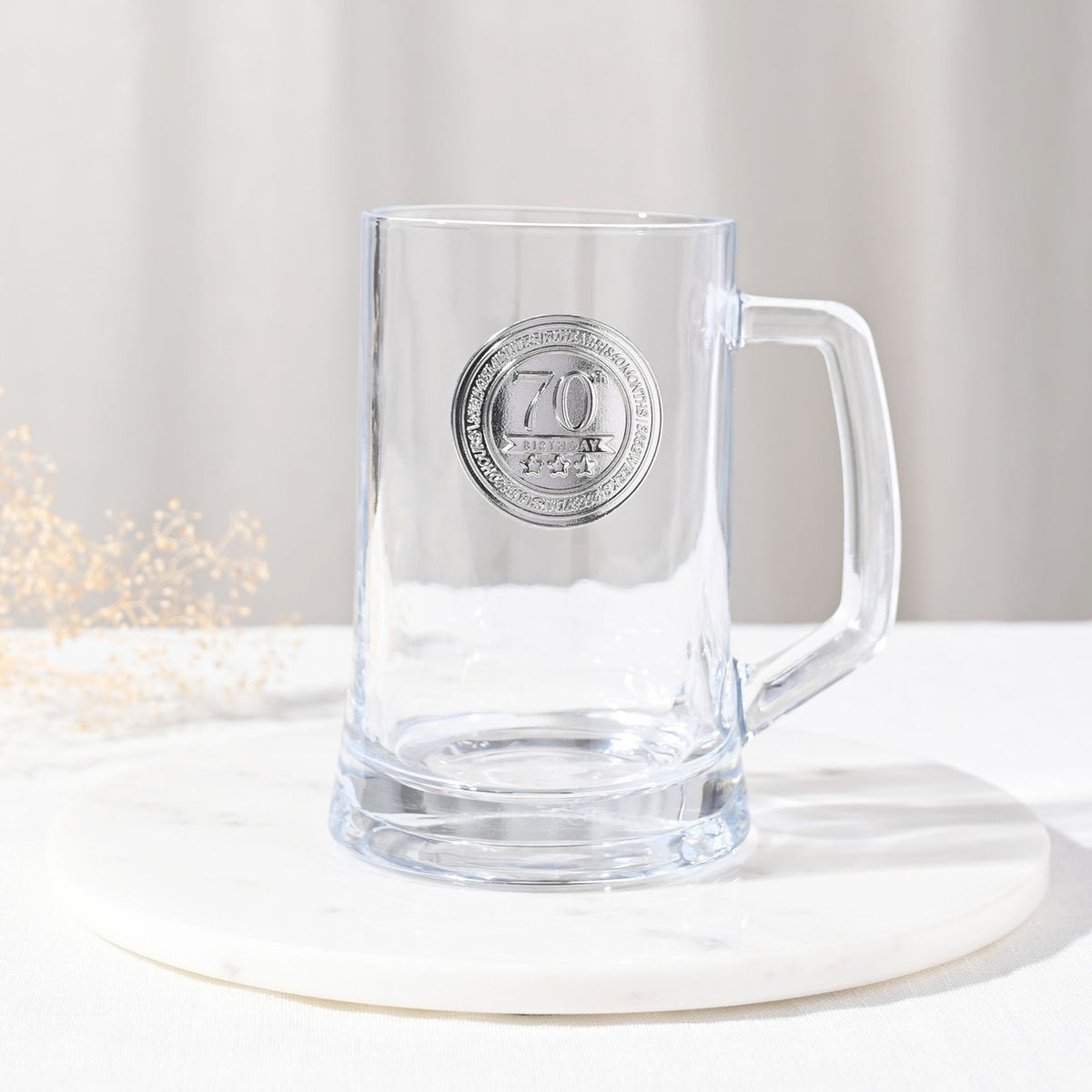 70th Birthday Badged Tankard Beer Glass 650ml - Clear
