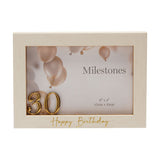 White and gold plastic photo frame for a 6x4in photo, with raised 3D gold "30" numerals and gold "Happy Birthday" script beneath the window, shown on a plain white background.