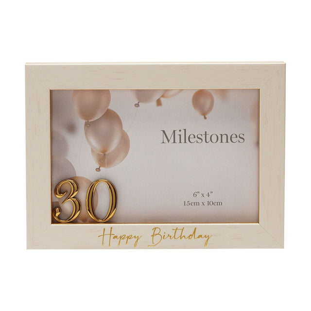 White and gold plastic photo frame for a 6x4in photo, with raised 3D gold "30" numerals and gold "Happy Birthday" script beneath the window, shown on a plain white background.