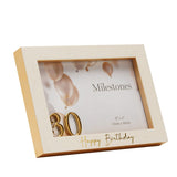 White and gold rectangular photo frame for 6 x 4in photos, with raised 3D gold "30" numerals and gold "Happy Birthday" script, shown at an angle on a plain white background.