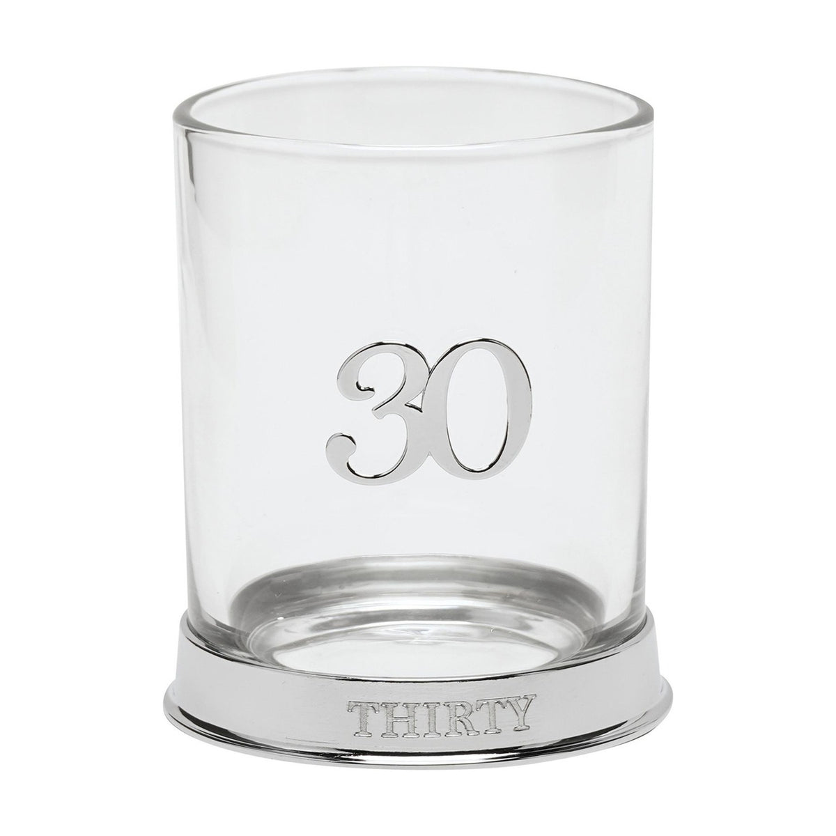 Round glass whisky tumbler with a raised 3D silver "30" on the side and "THIRTY" engraved on its silver base, shown on a plain white background.