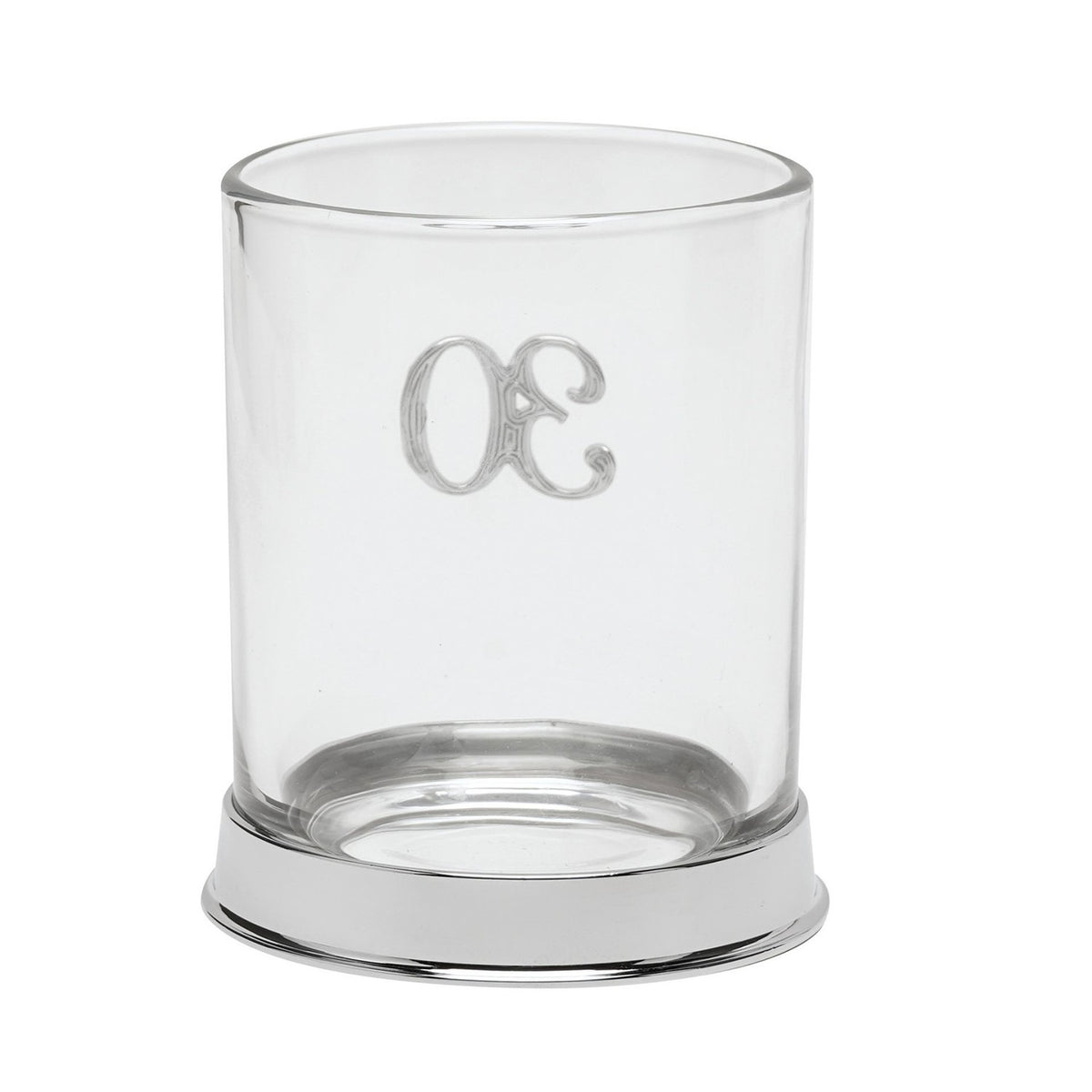 Round clear glass whisky tumbler with a raised silver 3D number 30 on the side and a silver base, shown on a plain white background.