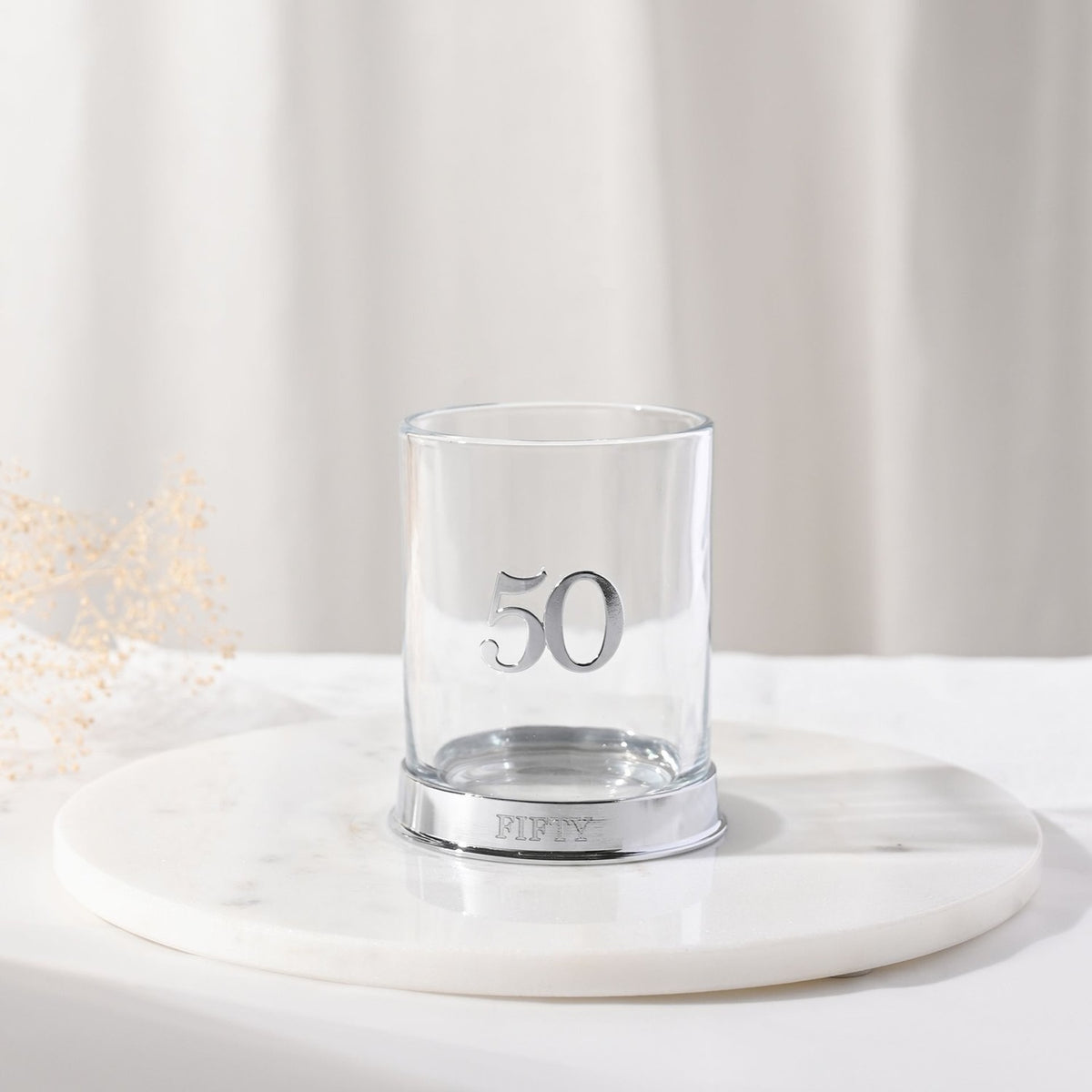 3D Number 50 Whisky Glass Tumbler with Fifty Base - Silver