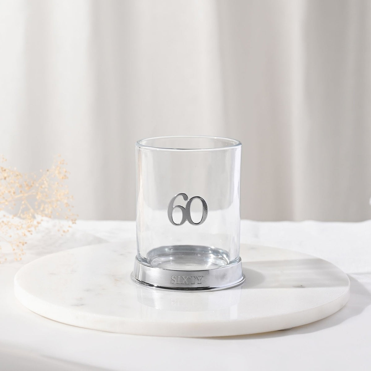 3D Number 60 Whisky Glass Tumbler with Sixty Base - Silver