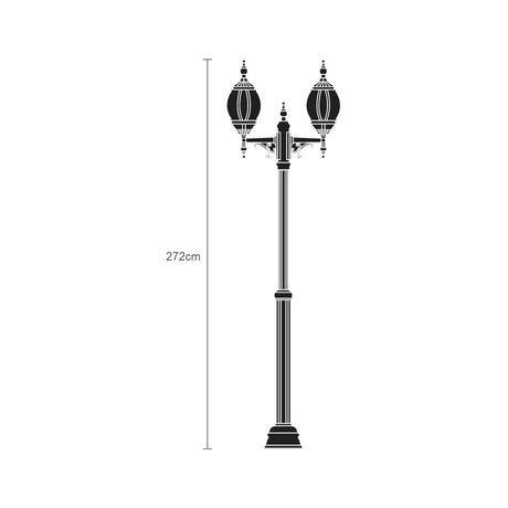 Black cast aluminium outdoor lamp post, Mullion 272cm, with ornate double-arm top holding two lantern shades, on a stepped plinth base, shown as a size silhouette on a white background.