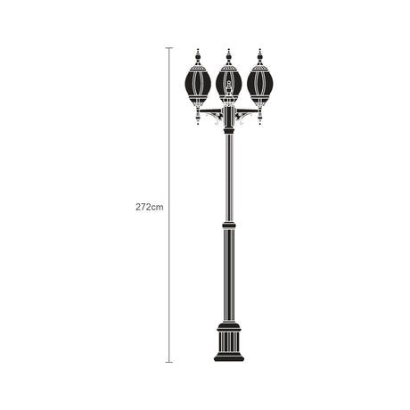 Mullion 272cm cast aluminium outdoor lamp post with 3 ornate lantern heads, decorative scrollwork arms, fluted column, and stepped base, shown in black on a white background.