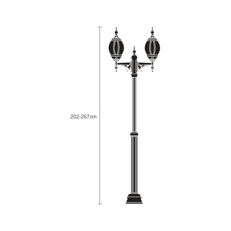 Mullion cast aluminium outdoor lamp post in black, 202-267cm adjustable column with two ornate lanterns and scroll arms, shown on a plain white background.