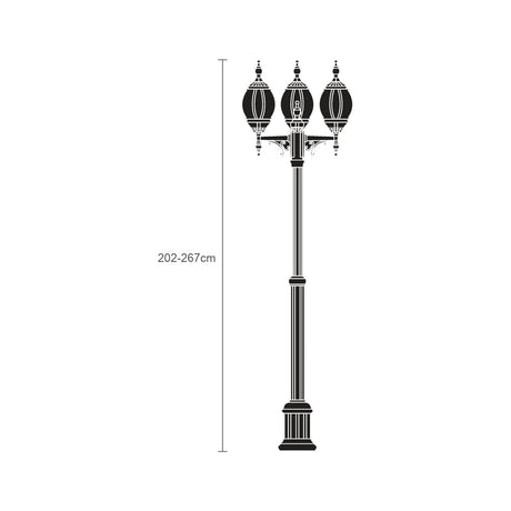 Mullion cast aluminium outdoor lamp post, 202-267cm adjustable column with 3 ornate lantern heads in black finish, shown as a line illustration on a white background.